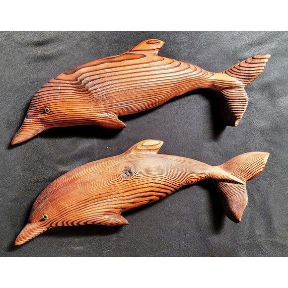 Unbranded Other - Pair 12" Dolphins MCM Witco Style Burnt Wood Carving Wall Art Sea Sculpture